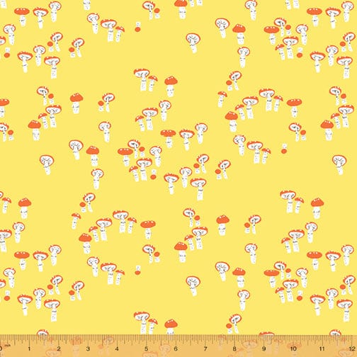 Cotton quilting fabric pattern called 'Mushrooms in Yellow'. Part of the 'Far Far Away III' fabric collection. Designed by Heather Ross for fabric company Windham Fabrics. SKU: 52756-4. 44-45 inch width.