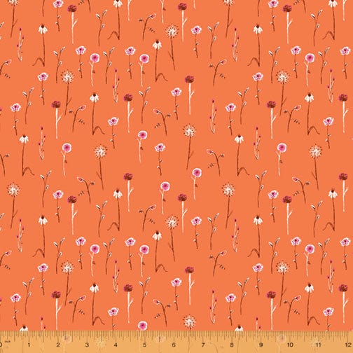 Cotton quilting fabric pattern called 'Wildflowers in Orange'. Part of the 'Far Far Away III' fabric collection. Designed by Heather Ross for fabric company Windham Fabrics. SKU: 52757-12. 44-45 inch width.