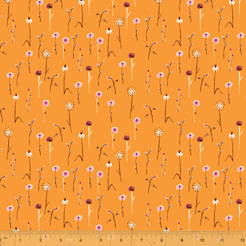 Cotton quilting fabric pattern called 'Wildflowers in Marigold'. Part of the 'Far Far Away III' fabric collection. Designed by Heather Ross for fabric company Windham Fabrics. SKU: 52757-13. 44-45 inch width.