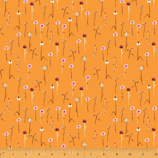 Cotton quilting fabric pattern called 'Wildflowers in Marigold'. Part of the 'Far Far Away III' fabric collection. Designed by Heather Ross for fabric company Windham Fabrics. SKU: 52757-13. 44-45 inch width.