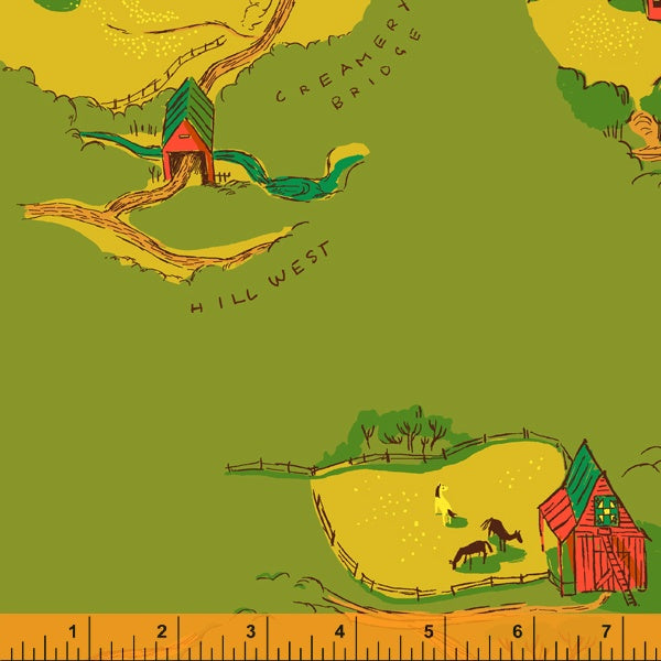 Cotton quilting fabric pattern called 'Buttercup Map in Green'. Part of the 'West Hill Revisited' fabric collection. Designed by Heather Ross for fabric company Windham Fabrics. SKU: 52873-3. 44-45 inch width.