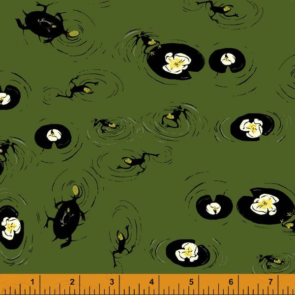 Cotton quilting fabric pattern called 'Lily Pond in Pond Green'. Part of the 'West Hill Revisited' fabric collection. Designed by Heather Ross for fabric company Windham Fabrics. SKU: 52876-10. 44-45 inch width.