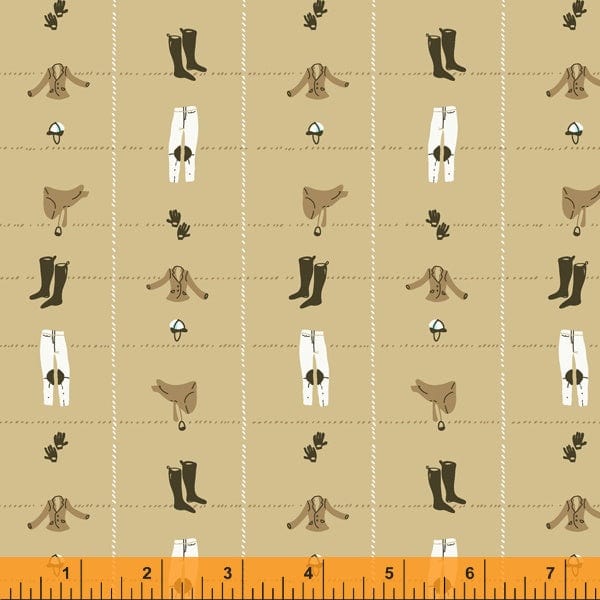 Cotton quilting fabric pattern called 'Riding Gear in Cool Tan'. Part of the 'West Hill Revisited' fabric collection. Designed by Heather Ross for fabric company Windham Fabrics. SKU: 52878-13. 44-45 inch width.