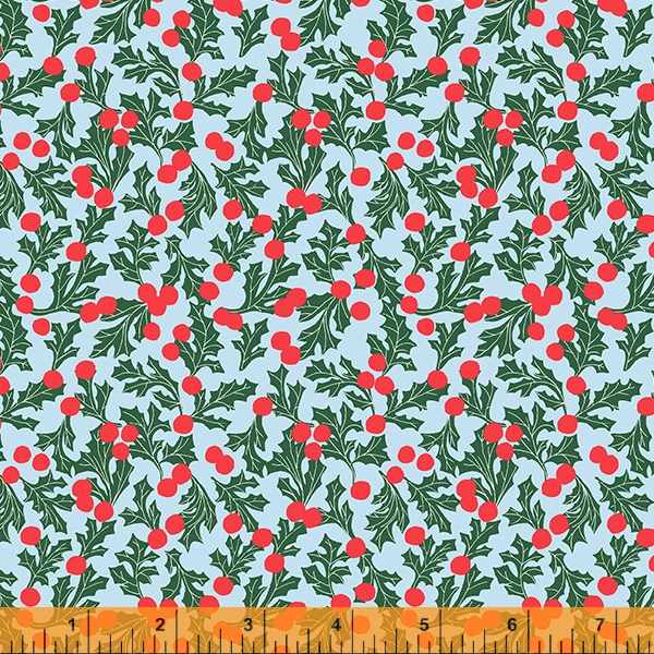 Cotton quilting fabric pattern called 'Holly Dot in Light Blue'. Part of the 'Christmas Charms' fabric collection. Designed by Dylan Mierzwinski for fabric company Windham Fabrics. SKU: 53091-6. 44-45 inch width.