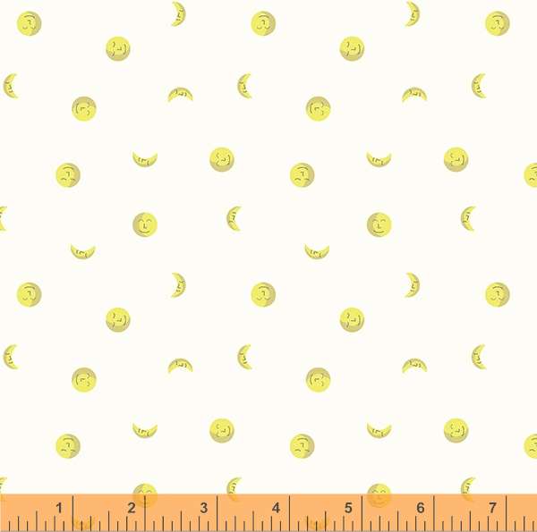 Cotton quilting fabric pattern called 'Moons in Ivory'. Part of the 'Little Whispers' fabric collection. Designed by Whistler Studios for fabric company Windham Fabrics. SKU: 53179-2. 44-45 inch width.