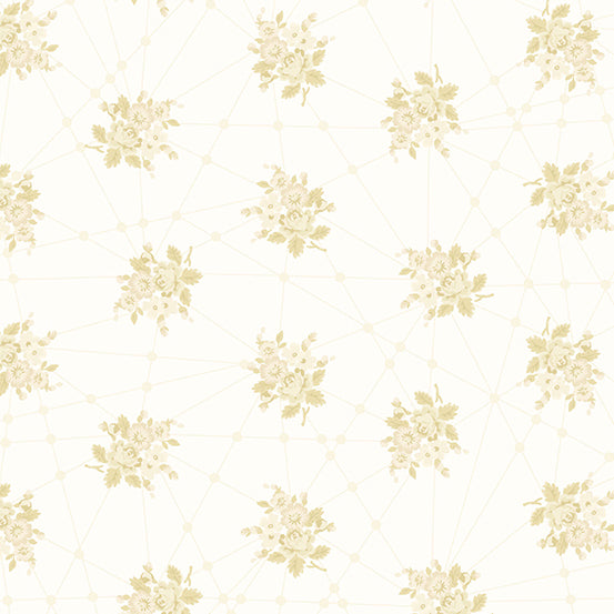 Cotton quilting fabric pattern called 'Little Bouquets in Chantrelle'. Part of the 'Wallflower' fabric collection. Designed by Giucy Giuce for fabric company Andover Fabrics. SKU: A-9874-N. 44-45 inch width.