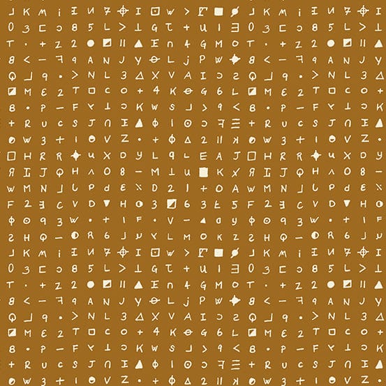 Cotton quilting fabric pattern called 'Cryptograph in Rusty'. Part of the 'Sleuth' fabric collection. Designed by Giucy Giuce for fabric company Andover Fabrics. SKU: A-459-N. 44-45 inch width.