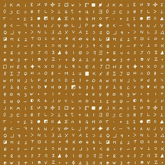 Cotton quilting fabric pattern called 'Cryptograph in Rusty'. Part of the 'Sleuth' fabric collection. Designed by Giucy Giuce for fabric company Andover Fabrics. SKU: A-459-N. 44-45 inch width.