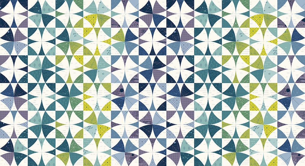 Cotton quilting fabric pattern called 'Exhibit A in Cool'. Part of the 'Sleuth' fabric collection. Designed by Giucy Giuce for fabric company Andover Fabrics. SKU: A-767-B. 44-45 inch width.