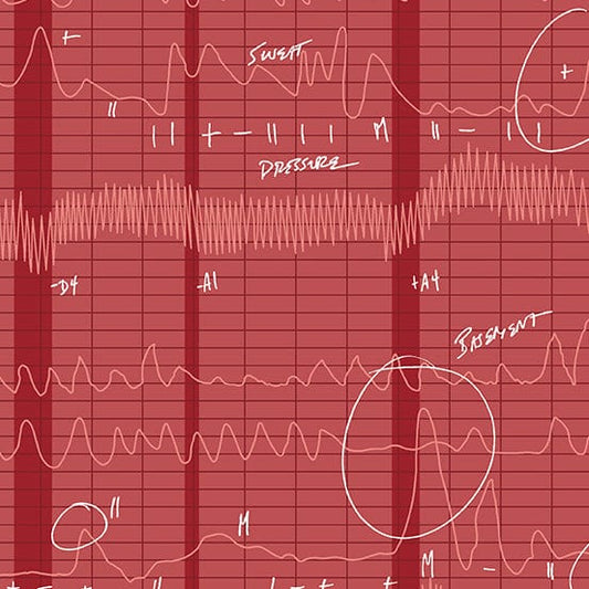 Cotton quilting fabric pattern called 'The Lie in Sanguine'. Part of the 'Sleuth' fabric collection. Designed by Giucy Giuce for fabric company Andover Fabrics. SKU: A-769-R. 44-45 inch width.