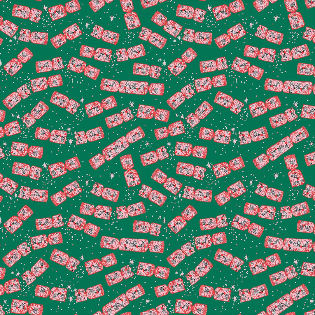 Cotton quilting fabric pattern called 'Crackers in Green'. Part of the 'Merry Kitchmas' fabric collection. Designed by Louise Pretzel for fabric company Figo Fabrics. SKU: 90667-77. 44-45 inch width.