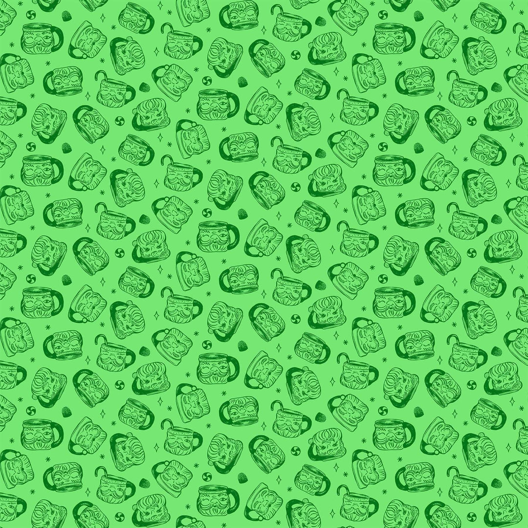 Cotton quilting fabric pattern called 'Santa Mugs in Green'. Part of the 'Merry Kitchmas' fabric collection. Designed by Louise Pretzel for fabric company Figo Fabrics. SKU: 90668-70. 44-45 inch width.