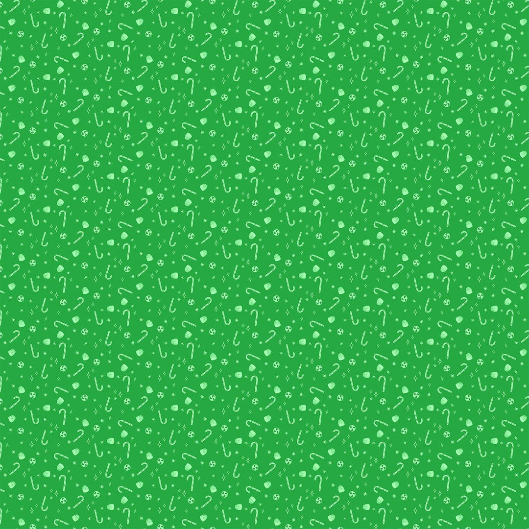Cotton quilting fabric pattern called 'Candies in Green'. Part of the 'Merry Kitchmas' fabric collection. Designed by Louise Pretzel for fabric company Figo Fabrics. SKU: 90671-71. 44-45 inch width.