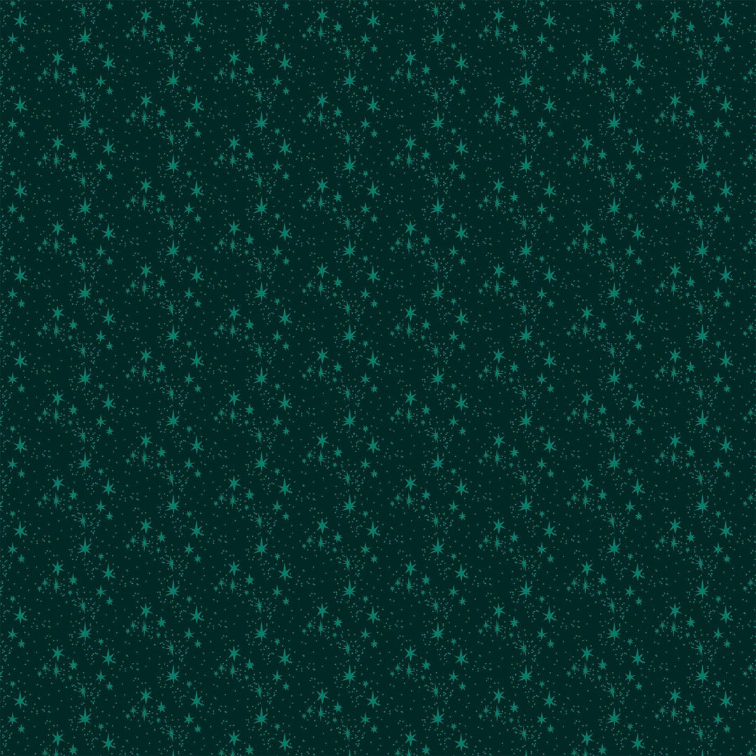 Cotton quilting fabric pattern called 'Stars in Green'. Part of the 'Merry Kitchmas' fabric collection. Designed by Louise Pretzel for fabric company Figo Fabrics. SKU: 90672-79. 44-45 inch width.