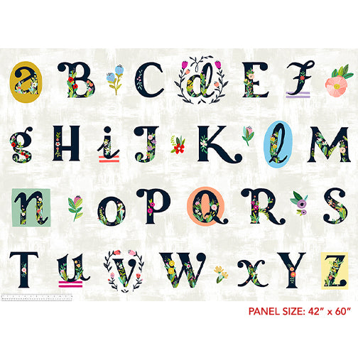 Cotton quilting fabric pattern called 'Alphabet Panel in White'. Part of the 'ABC's in Bloom' fabric collection. Designed by Kelly Angelovic for fabric company Windham Fabrics. SKU: 53685DP-1. 44-45 inch width.