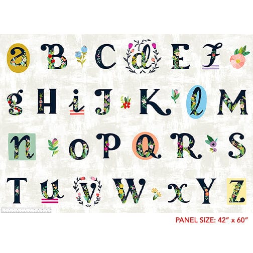 Cotton quilting fabric pattern called 'Alphabet Panel in White'. Part of the 'ABC's in Bloom' fabric collection. Designed by Kelly Angelovic for fabric company Windham Fabrics. SKU: 53685DP-1. 44-45 inch width.