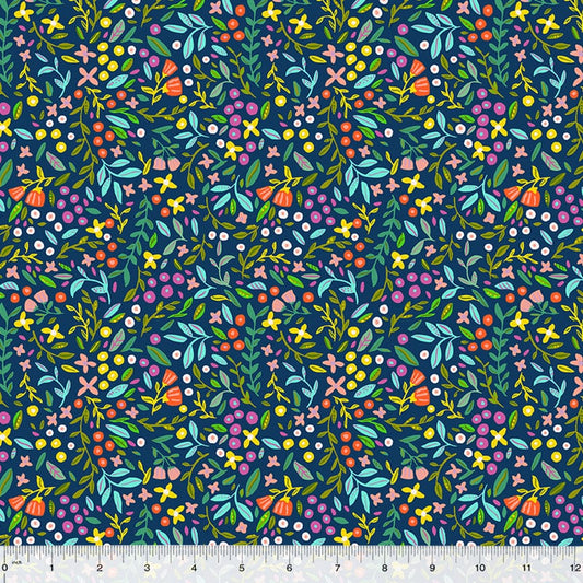 Cotton quilting fabric pattern called 'Blossoming Bunches in Navy'. Part of the 'ABC's in Bloom' fabric collection. Designed by Kelly Angelovic for fabric company Windham Fabrics. SKU: 53689-2. 44-45 inch width.