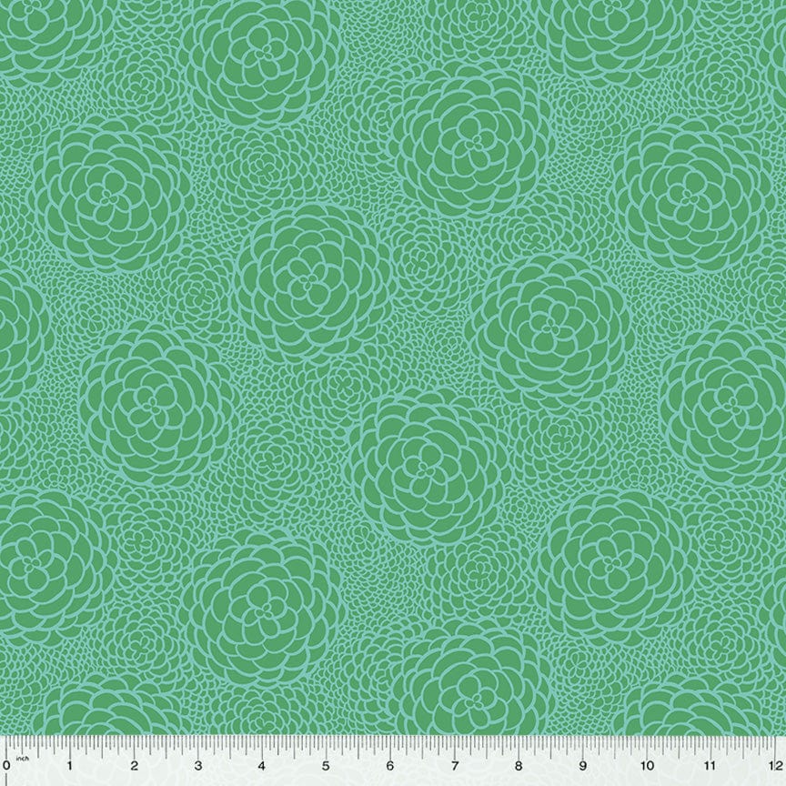 Cotton quilting fabric pattern called 'In Bloom in Jade'. Part of the 'ABC's in Bloom' fabric collection. Designed by Kelly Angelovic for fabric company Windham Fabrics. SKU: 53691-3. 44-45 inch width.