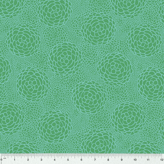 Cotton quilting fabric pattern called 'In Bloom in Jade'. Part of the 'ABC's in Bloom' fabric collection. Designed by Kelly Angelovic for fabric company Windham Fabrics. SKU: 53691-3. 44-45 inch width.