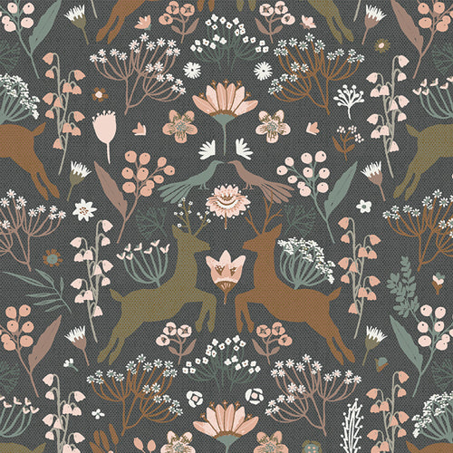 Cotton quilting fabric pattern called 'Woodlandia Charcoal'. Part of the 'Botanist' fabric collection. Designed by Katarina Roccella for fabric company Art Gallery Fabrics. SKU: BTA-21450. 44-45 inch width.