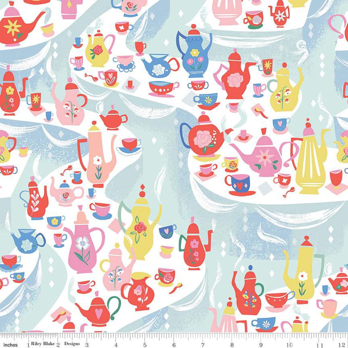 Cotton quilting fabric pattern called 'Tea Party in Multi'. Part of the 'Down the Rabbit Hole' fabric collection. Designed by Jill Howarth for fabric company Riley Blake Fabrics. SKU: C12943-WHITE. 44-45 inch width.