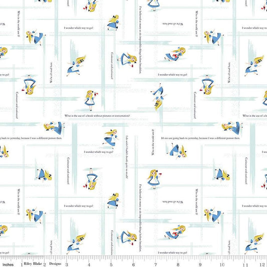 Cotton quilting fabric pattern called 'Alice Toss in White'. Part of the 'Down the Rabbit Hole' fabric collection. Designed by Jill Howarth for fabric company Riley Blake Fabrics. SKU: C12946-WHITE. 44-45 inch width.