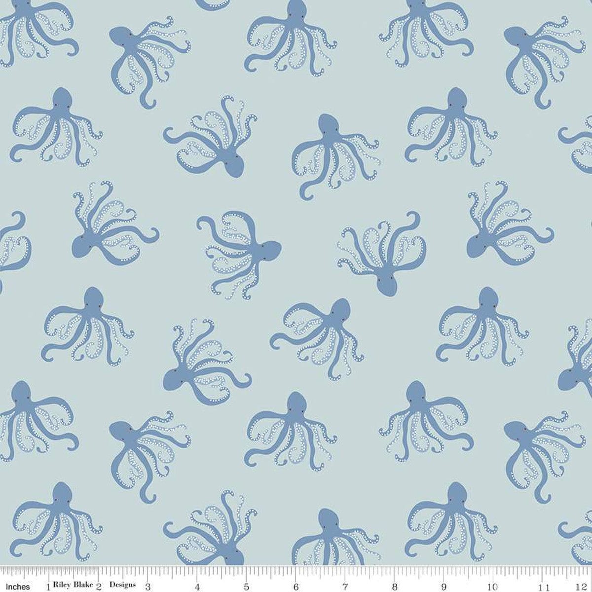 Cotton quilting fabric pattern called 'Octopi in Mist'. Part of the 'Hoist the Sails' fabric collection. Designed by Citrus and Mint Designs for fabric company Riley Blake Designs. SKU: C12985-MIST. 44-45 inch width.