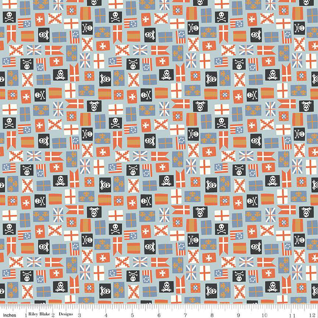 Cotton quilting fabric pattern called 'Flags in Mist'. Part of the 'Hoist the Sails' fabric collection. Designed by Citrus and Mint Designs for fabric company Riley Blake Designs. SKU: C12986-MIST. 44-45 inch width.