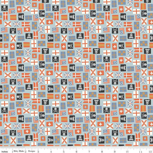 Cotton quilting fabric pattern called 'Flags in Mist'. Part of the 'Hoist the Sails' fabric collection. Designed by Citrus and Mint Designs for fabric company Riley Blake Designs. SKU: C12986-MIST. 44-45 inch width.