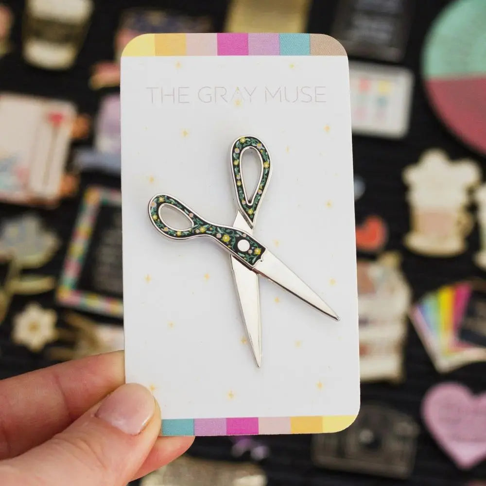 The Gray Muse - Floral Scissors - Interactive Enamel Pin - Silver