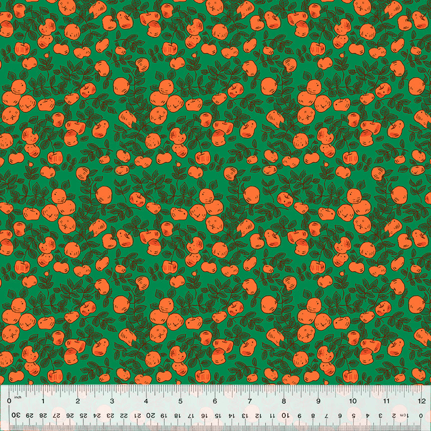 Cotton quilting fabric pattern called 'Apples in Green'. Part of the 'Forestburgh' fabric collection. Designed by Heather Ross for fabric company Windham Fabrics. SKU: 53849-18. 44-45 inch width.