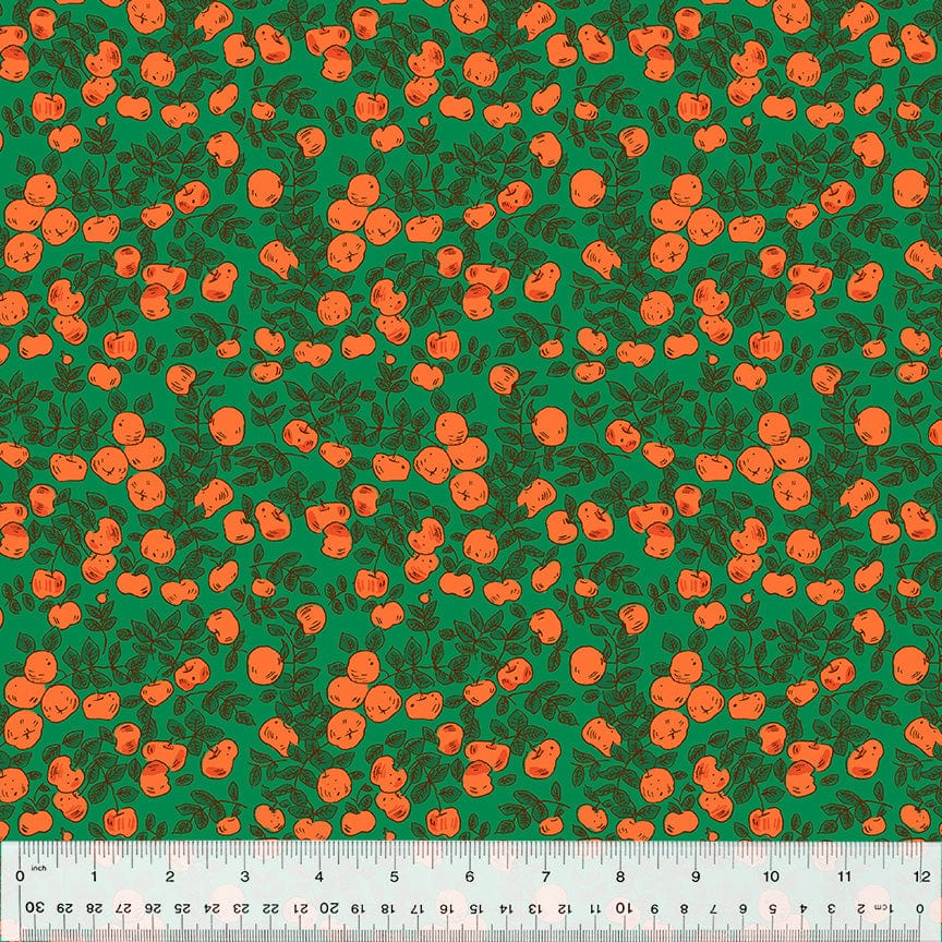 Cotton quilting fabric pattern called 'Apples in Green'. Part of the 'Forestburgh' fabric collection. Designed by Heather Ross for fabric company Windham Fabrics. SKU: 53849-18. 44-45 inch width.