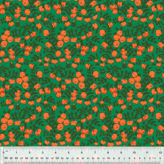 Cotton quilting fabric pattern called 'Apples in Green'. Part of the 'Forestburgh' fabric collection. Designed by Heather Ross for fabric company Windham Fabrics. SKU: 53849-18. 44-45 inch width.