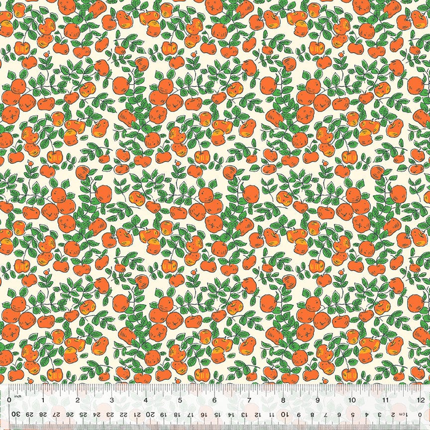 Cotton quilting fabric pattern called 'Apples in Ivory'. Part of the 'Forestburgh' fabric collection. Designed by Heather Ross for fabric company Windham Fabrics. SKU: 53849-3. 44-45 inch width.