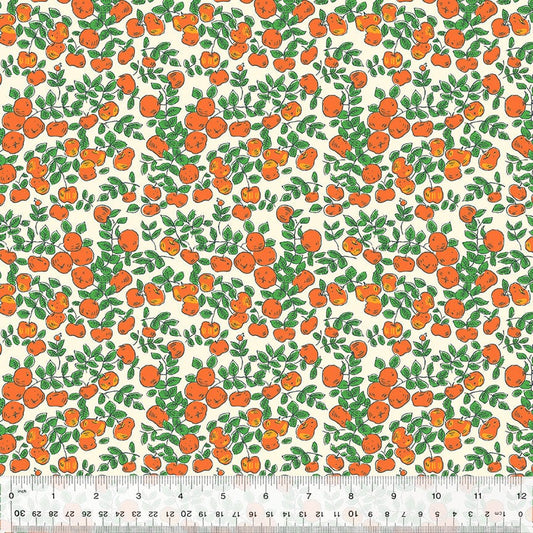 Cotton quilting fabric pattern called 'Apples in Ivory'. Part of the 'Forestburgh' fabric collection. Designed by Heather Ross for fabric company Windham Fabrics. SKU: 53849-3. 44-45 inch width.
