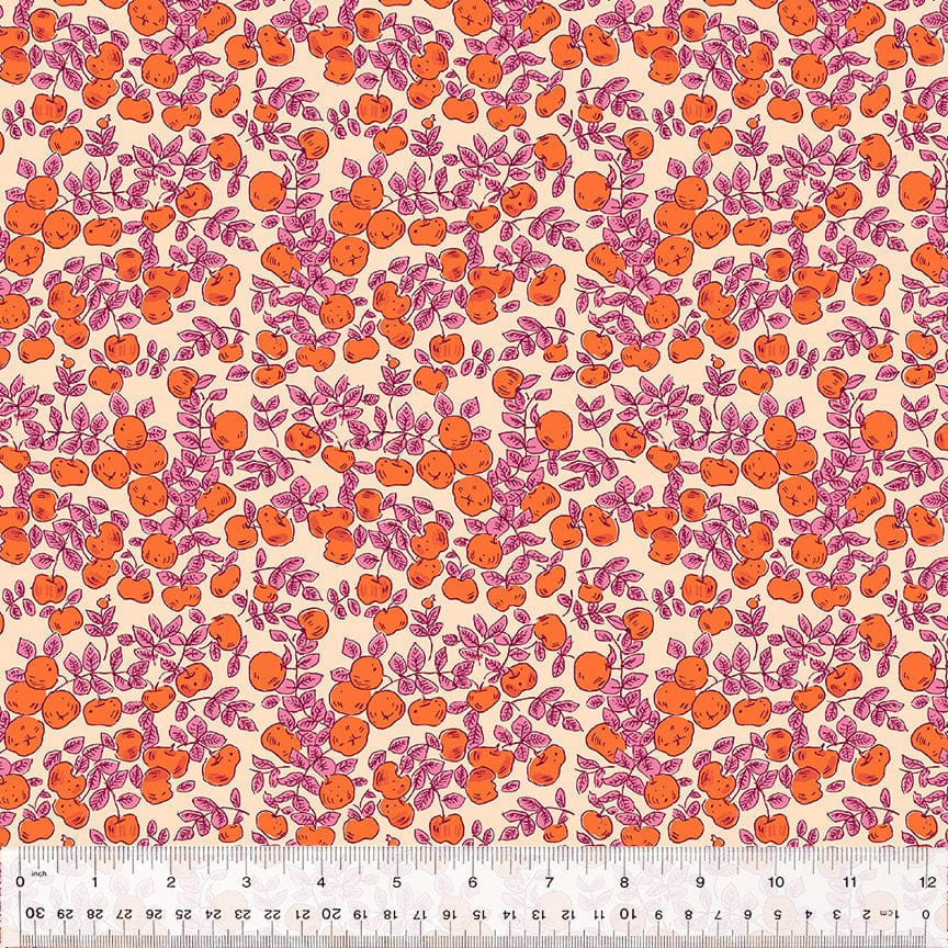 Cotton quilting fabric pattern called 'Apples in Magenta'. Part of the 'Forestburgh' fabric collection. Designed by Heather Ross for fabric company Windham Fabrics. SKU: 53849-15. 44-45 inch width.