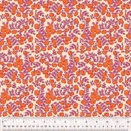 Cotton quilting fabric pattern called 'Apples in Magenta'. Part of the 'Forestburgh' fabric collection. Designed by Heather Ross for fabric company Windham Fabrics. SKU: 53849-15. 44-45 inch width.