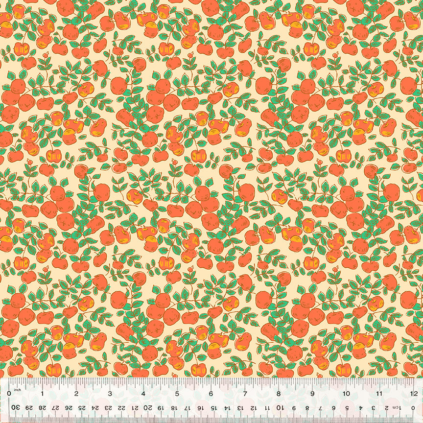 Cotton quilting fabric pattern called 'Apples in Peach'. Part of the 'Forestburgh' fabric collection. Designed by Heather Ross for fabric company Windham Fabrics. SKU: 53849-2. 44-45 inch width.