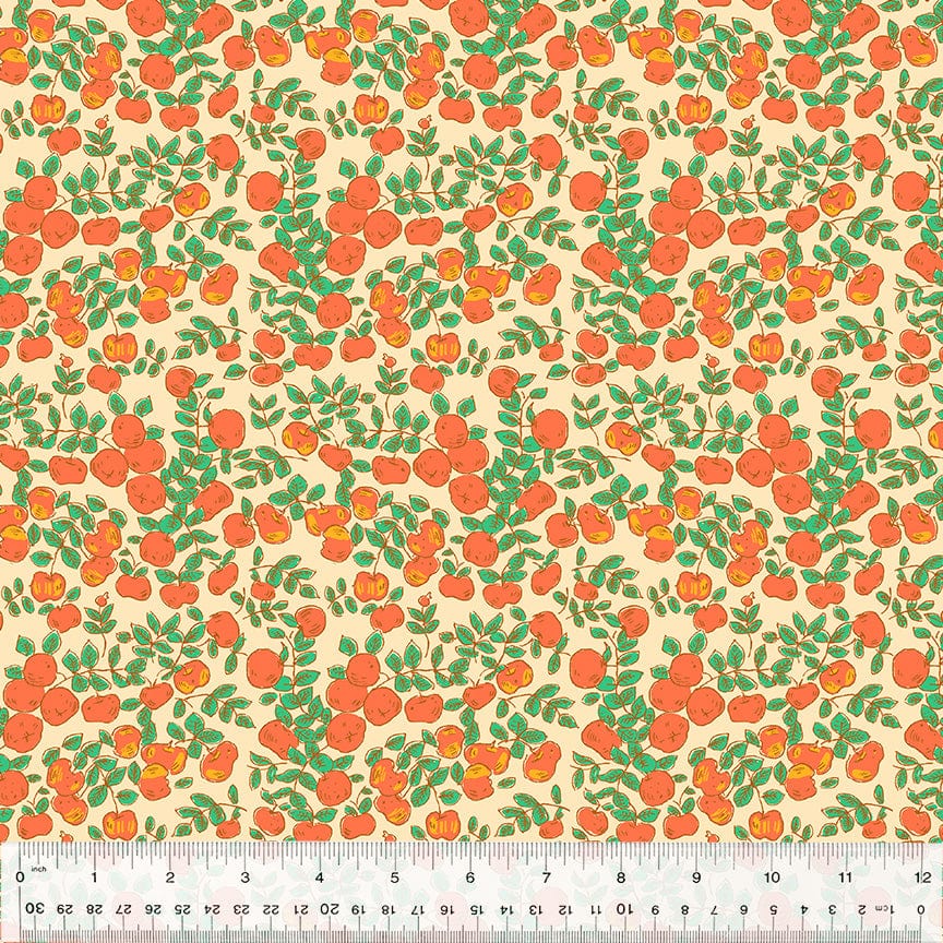 Cotton quilting fabric pattern called 'Apples in Peach'. Part of the 'Forestburgh' fabric collection. Designed by Heather Ross for fabric company Windham Fabrics. SKU: 53849-2. 44-45 inch width.