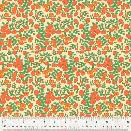 Cotton quilting fabric pattern called 'Apples in Peach'. Part of the 'Forestburgh' fabric collection. Designed by Heather Ross for fabric company Windham Fabrics. SKU: 53849-2. 44-45 inch width.