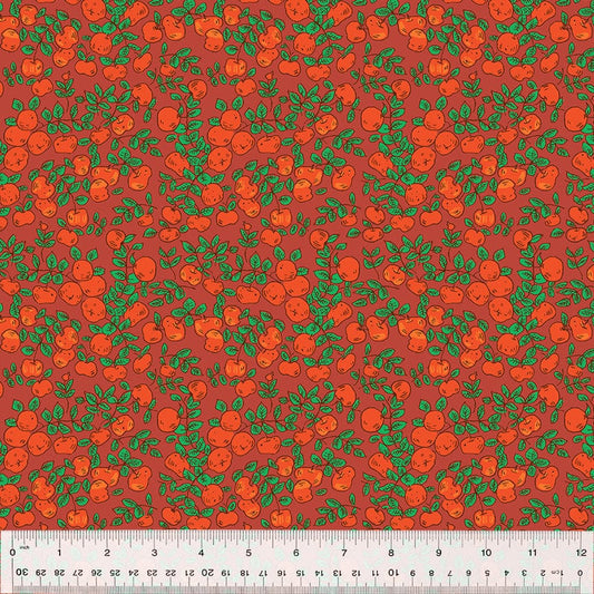 Cotton quilting fabric pattern called 'Apples in Warm Red'. Part of the 'Forestburgh' fabric collection. Designed by Heather Ross for fabric company Windham Fabrics. SKU: 53849-16. 44-45 inch width.