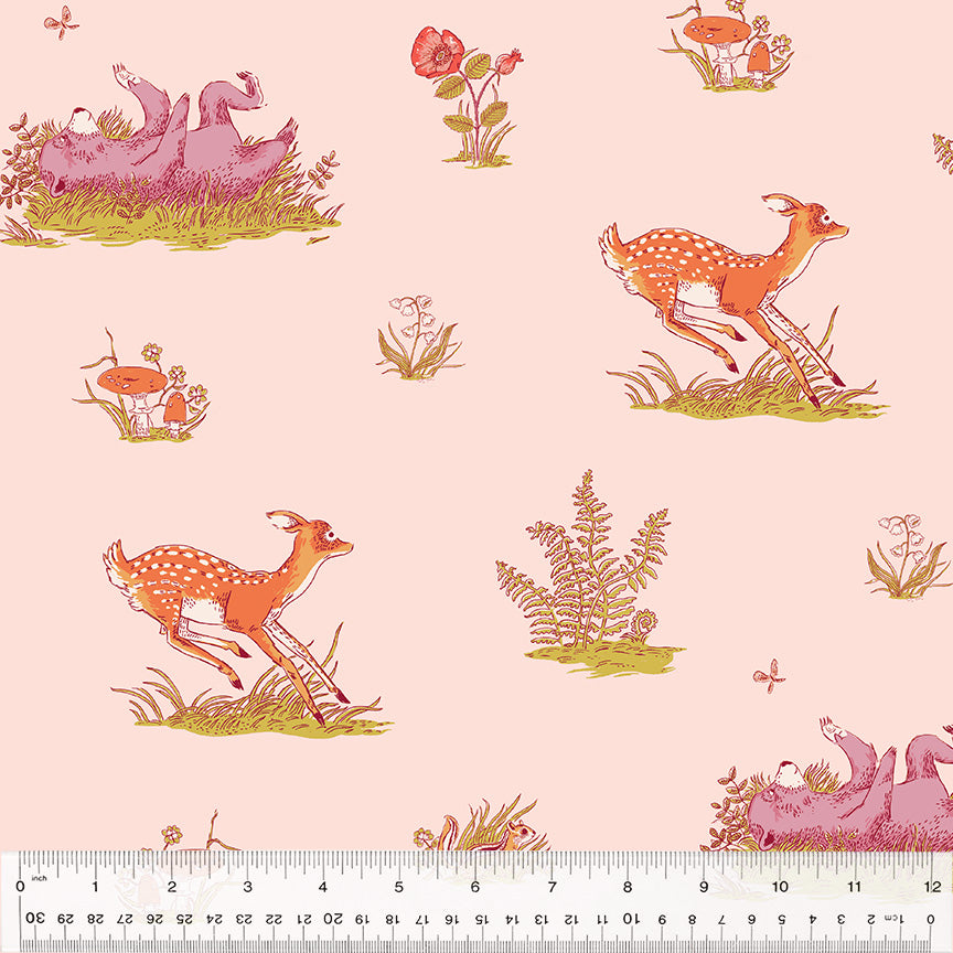 Cotton quilting fabric pattern called 'Beargrass in Blush'. Part of the 'Forestburgh' fabric collection. Designed by Heather Ross for fabric company Windham Fabrics. SKU: 53845-1. 44-45 inch width.