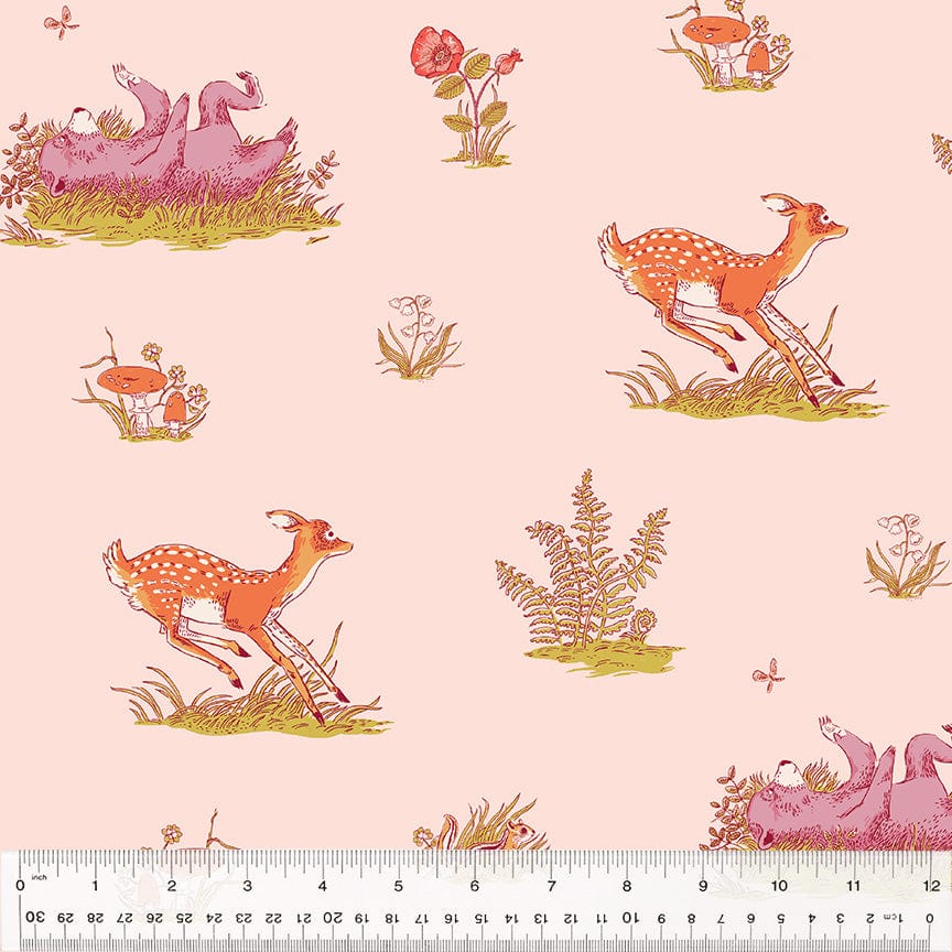 Cotton quilting fabric pattern called 'Beargrass in Blush'. Part of the 'Forestburgh' fabric collection. Designed by Heather Ross for fabric company Windham Fabrics. SKU: 53845-1. 44-45 inch width.