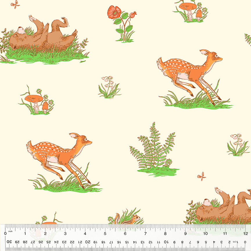 Cotton quilting fabric pattern called 'Beargrass in Ivory'. Part of the 'Forestburgh' fabric collection. Designed by Heather Ross for fabric company Windham Fabrics. SKU: 53845-3. 44-45 inch width.