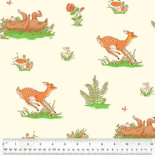 Cotton quilting fabric pattern called 'Beargrass in Ivory'. Part of the 'Forestburgh' fabric collection. Designed by Heather Ross for fabric company Windham Fabrics. SKU: 53845-3. 44-45 inch width.