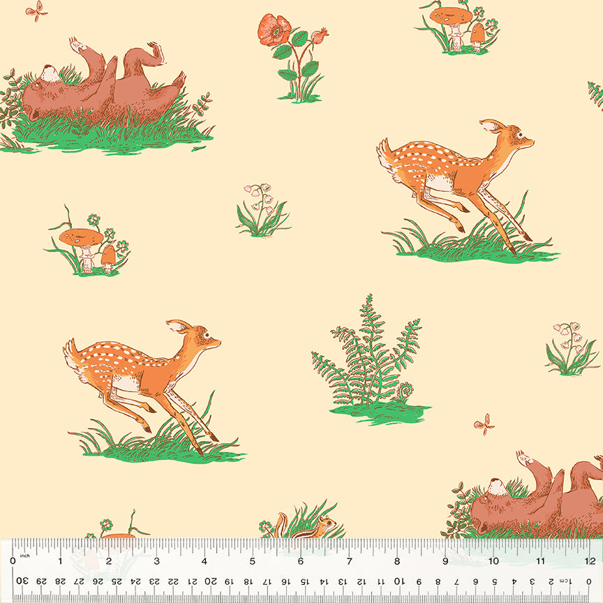 Cotton quilting fabric pattern called 'Beargrass in Peach'. Part of the 'Forestburgh' fabric collection. Designed by Heather Ross for fabric company Windham Fabrics. SKU: 53845-2. 44-45 inch width.