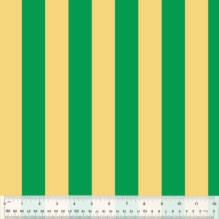 Cotton quilting fabric pattern called 'Broadstripe in Green'. Part of the 'Forestburgh' fabric collection. Designed by Heather Ross for fabric company Windham Fabrics. SKU: 53850-18. 44-45 inch width.