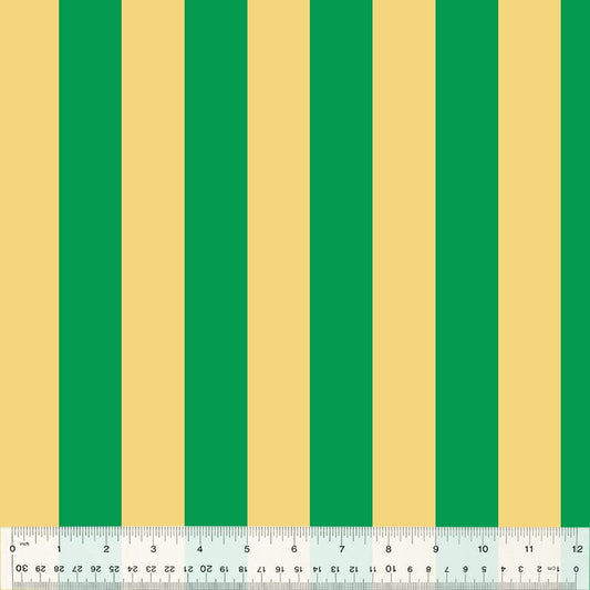 Cotton quilting fabric pattern called 'Broadstripe in Green'. Part of the 'Forestburgh' fabric collection. Designed by Heather Ross for fabric company Windham Fabrics. SKU: 53850-18. 44-45 inch width.