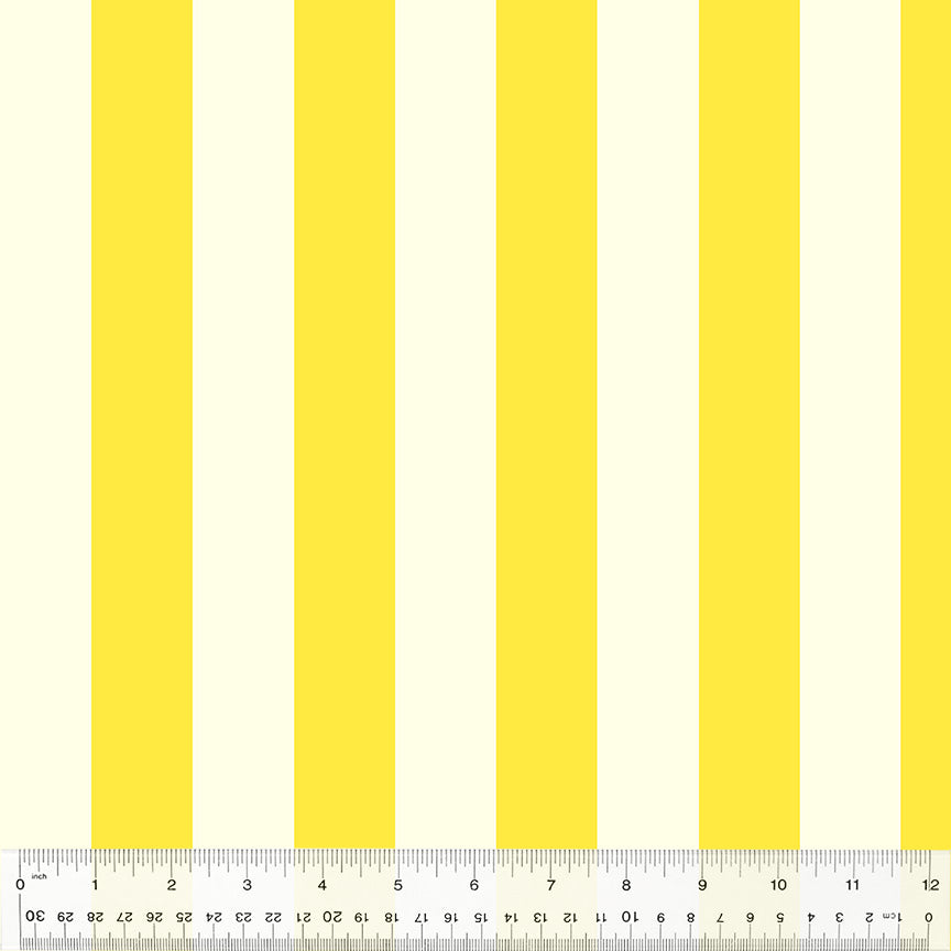 Cotton quilting fabric pattern called 'Broadstripe in Yellow'. Part of the 'Forestburgh' fabric collection. Designed by Heather Ross for fabric company Windham Fabrics. SKU: 53850-17. 44-45 inch width.