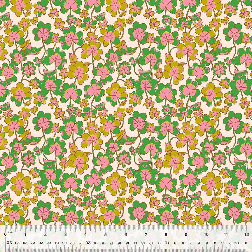 Cotton quilting fabric pattern called 'Clover in Blush'. Part of the 'Forestburgh' fabric collection. Designed by Heather Ross for fabric company Windham Fabrics. SKU: 53847-1. 44-45 inch width.